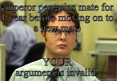 Monogamy is unnatural - EMPEROR PENGUINS MATE FOR 1 YEAR BEFORE MOVING ON TO A NEW MATE YOUR ARGUMENT IS INVALID! Schrute