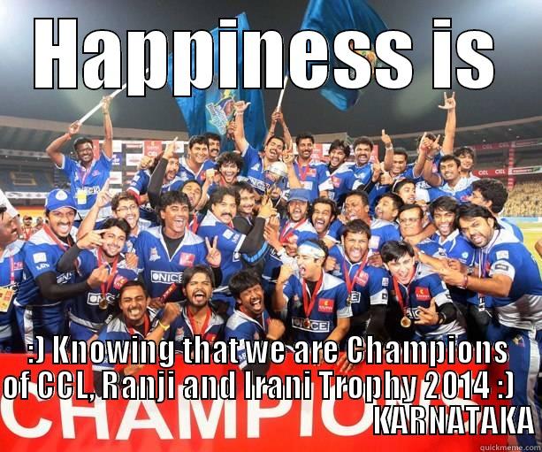 KARNATAKA ROCKS - HAPPINESS IS :) KNOWING THAT WE ARE CHAMPIONS OF CCL, RANJI AND IRANI TROPHY 2014 :)                                                                KARNATAKA Misc