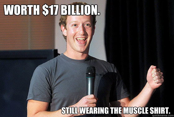 Worth $17 Billion. still wearing the muscle shirt.  Scumbag Zuckerberg