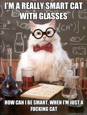 I'm a really smart cat with glasses How can I be smart, when i'm just a fucking cat - I'm a really smart cat with glasses How can I be smart, when i'm just a fucking cat  Chemistry Cat