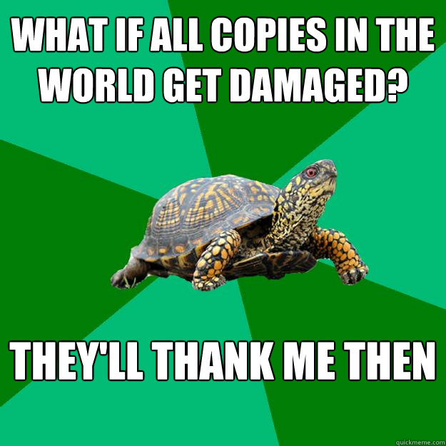 What if all copies in the world get damaged? they'll thank me then  Torrenting Turtle