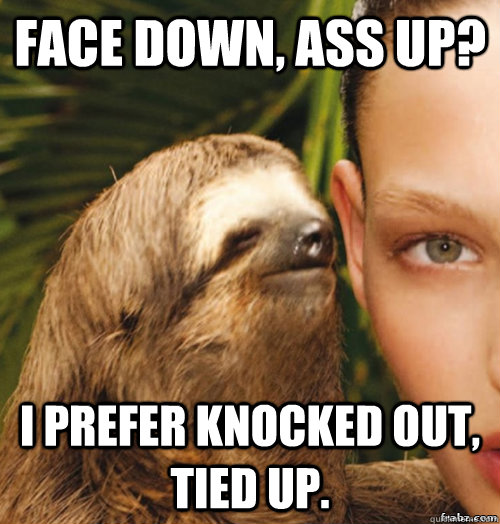 FACE DOWN, ASS UP? I PREFER KNOCKED OUT, TIED UP.  rape sloth