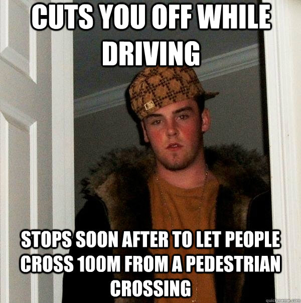 Cuts you off while driving Stops soon after to let people cross 100m from a pedestrian crossing - Cuts you off while driving Stops soon after to let people cross 100m from a pedestrian crossing  Scumbag Steve