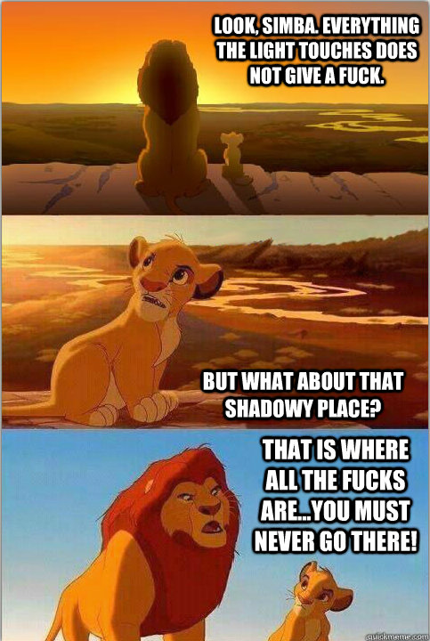 Look, Simba. Everything the light touches does not give a fuck. But what about that shadowy place? That is where all the fucks are...you must never go there!  Shadowy Place from Lion King