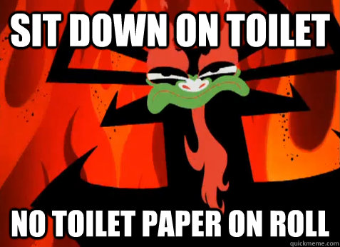 sit down on toilet no toilet paper on roll  