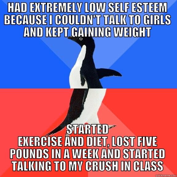 HAD EXTREMELY LOW SELF ESTEEM BECAUSE I COULDN'T TALK TO GIRLS AND KEPT GAINING WEIGHT STARTED EXERCISE AND DIET, LOST FIVE POUNDS IN A WEEK AND STARTED TALKING TO MY CRUSH IN CLASS Socially Awkward Awesome Penguin