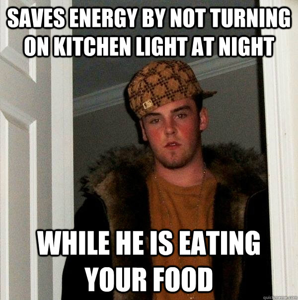 saves energy by not turning on kitchen light at night while he is eating your food - saves energy by not turning on kitchen light at night while he is eating your food  Scumbag Steve