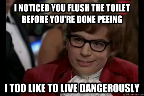 I noticed you flush the toilet before you're done peeing i too like to live dangerously  Dangerously - Austin Powers